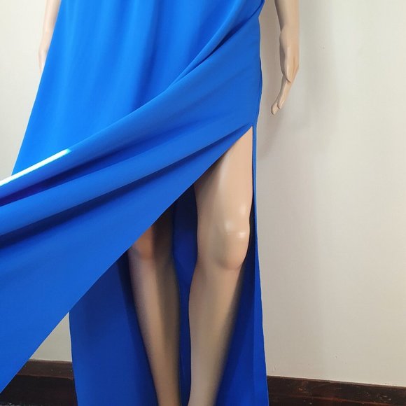 Forever new dress Sze 12 blue evening cocktail drape cut-out ruffle flowy split - Picture 5 of 7